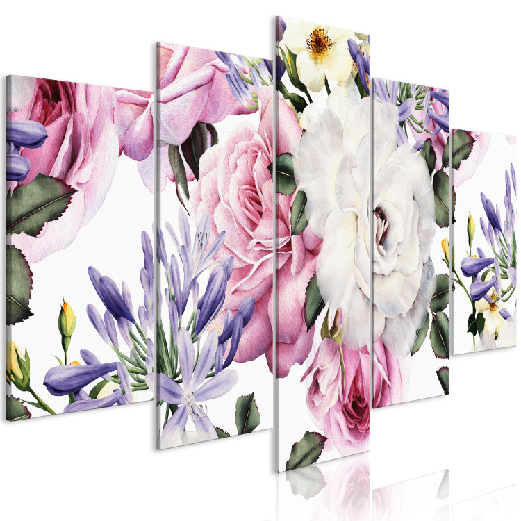 Canvas Art Print Girly roses - colourful, pastel flowers and leaves on a white 118363 additionalImage 2