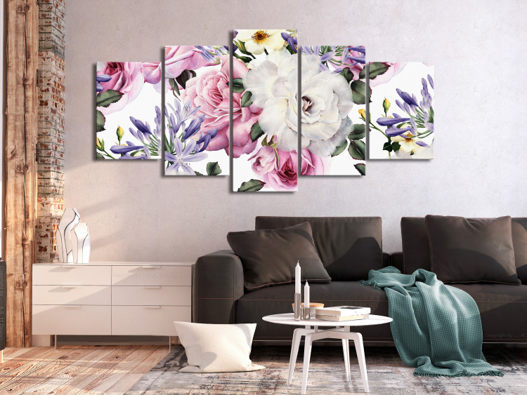 Canvas Art Print Girly roses - colourful, pastel flowers and leaves on a white 118363 additionalImage 3