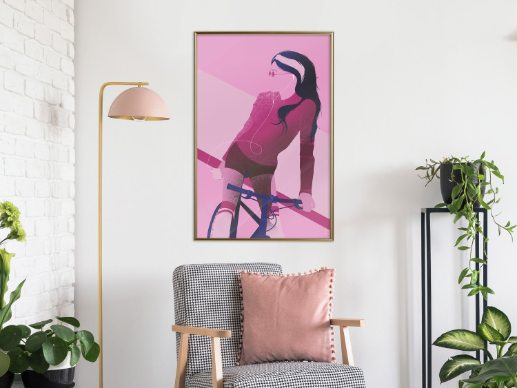 Poster Woman on Bike - woman and bike in pastel pink motif 123363 additionalImage 7