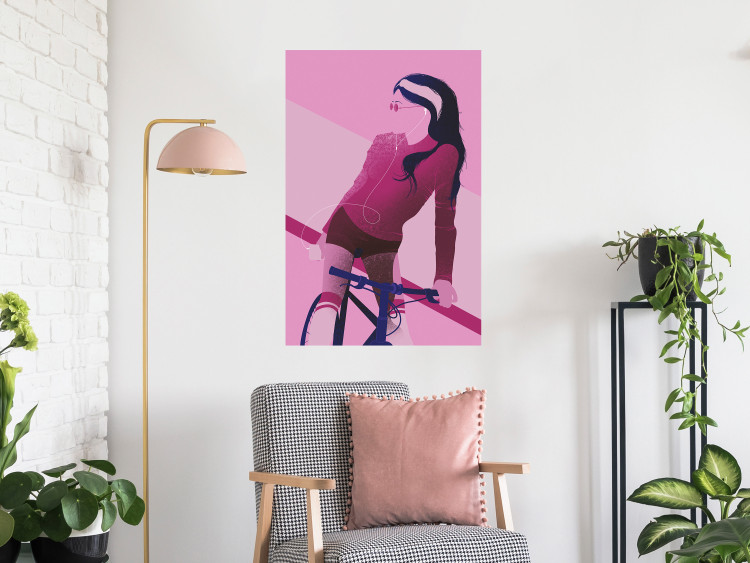 Poster Woman on Bike - woman and bike in pastel pink motif 123363 additionalImage 23