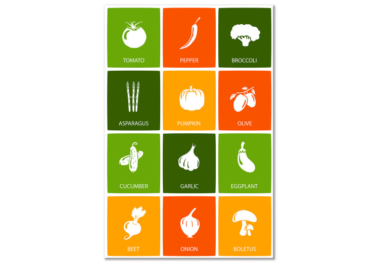 Canvas Print Vegetable array - white icons with English names on colored background 123563
