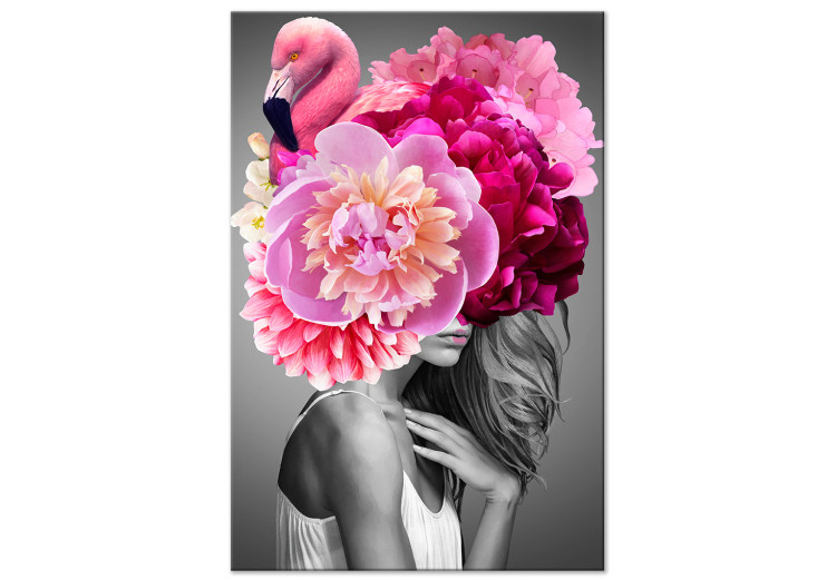 Canvas Art Print Flamingo Girl (1-part) vertical - woman with bird and peony 127463