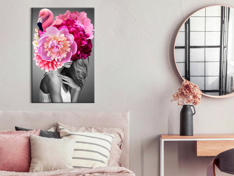 Canvas Art Print Flamingo Girl (1-part) vertical - woman with bird and peony 127463 additionalImage 3