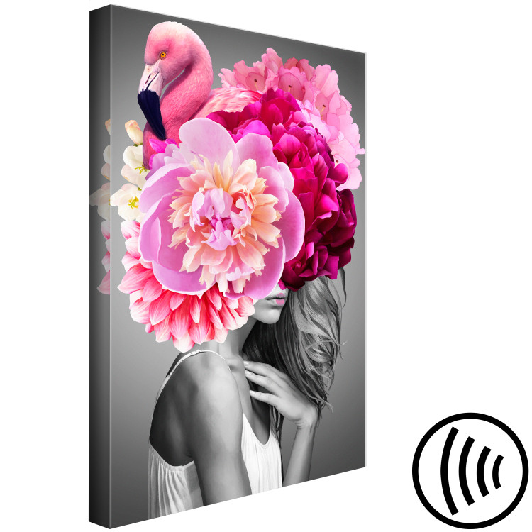 Canvas Art Print Flamingo Girl (1-part) vertical - woman with bird and peony 127463 additionalImage 6