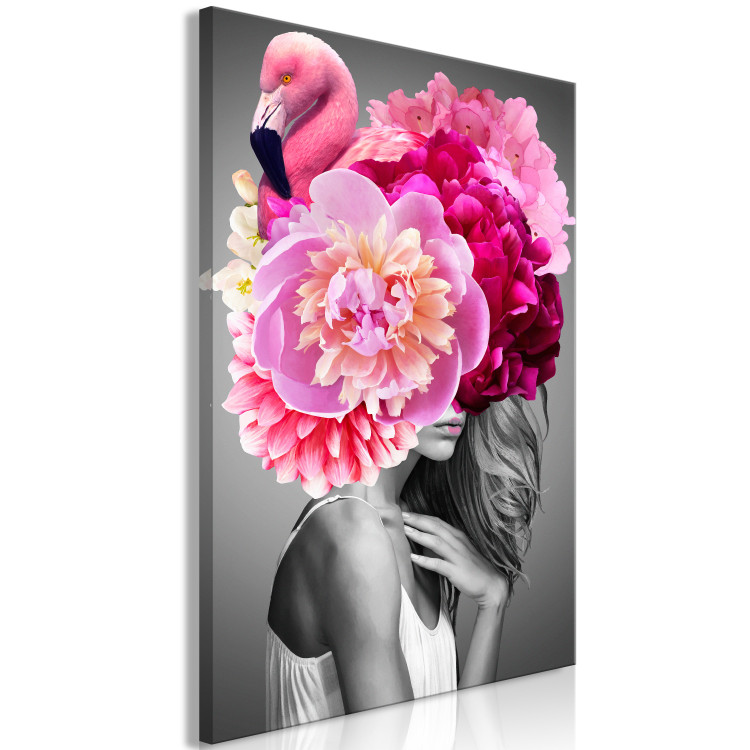 Canvas Art Print Flamingo Girl (1-part) vertical - woman with bird and peony 127463 additionalImage 2