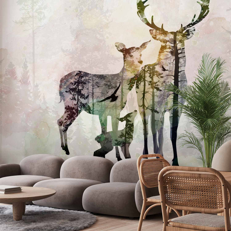 Wall Mural Forest life - an abstraction with a deer on a forest background with a colourful accent 128763