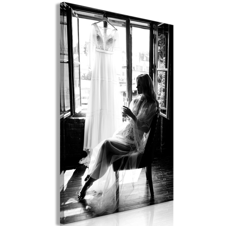 Canvas Art Print Woman and wedding dress - black and white photo with sitting woman 132263 additionalImage 2