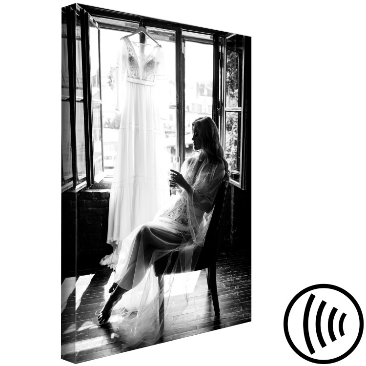 Canvas Art Print Woman and wedding dress - black and white photo with sitting woman 132263 additionalImage 6
