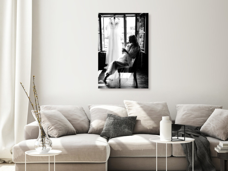 Canvas Art Print Woman and wedding dress - black and white photo with sitting woman 132263 additionalImage 3
