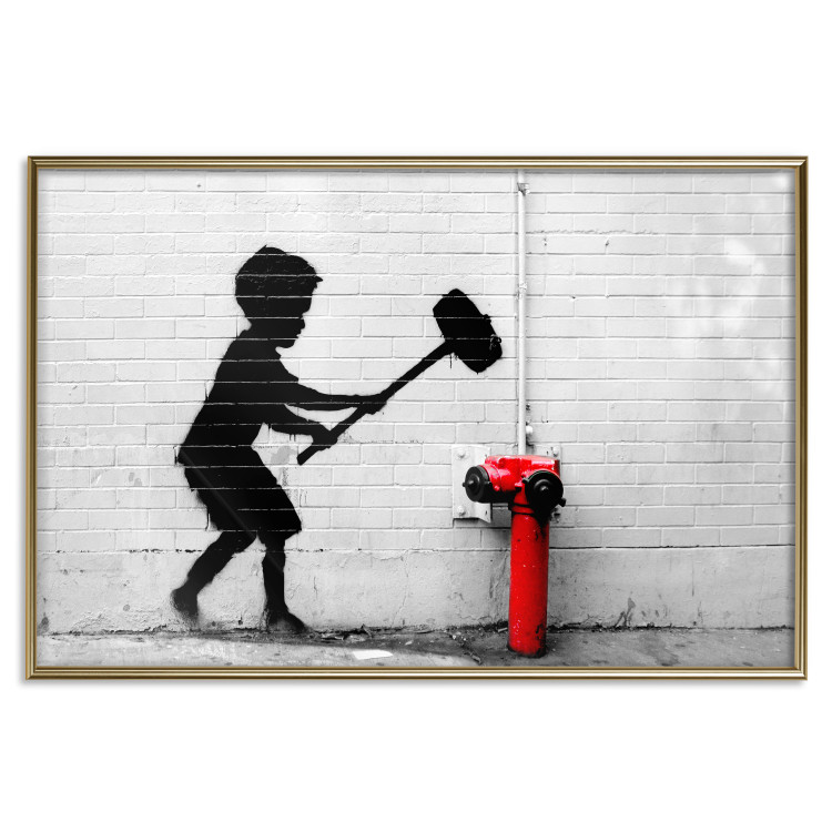 Poster Destroy the Hydrant - mural of a black boy with a large hammer on the wall 132463 additionalImage 25