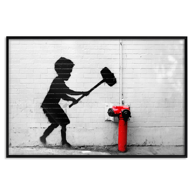 Poster Destroy the Hydrant - mural of a black boy with a large hammer on the wall 132463 additionalImage 24