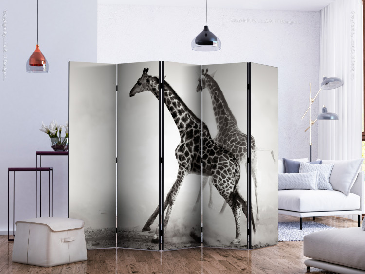 Folding Screen Giraffes II (5-piece) - black and white frame with animals in the mist 132563 additionalImage 2