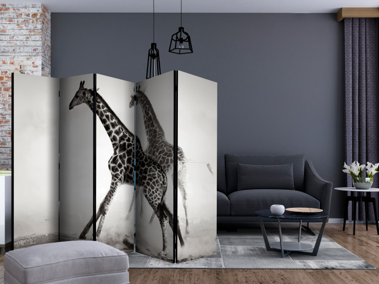 Folding Screen Giraffes II (5-piece) - black and white frame with animals in the mist 132563 additionalImage 4