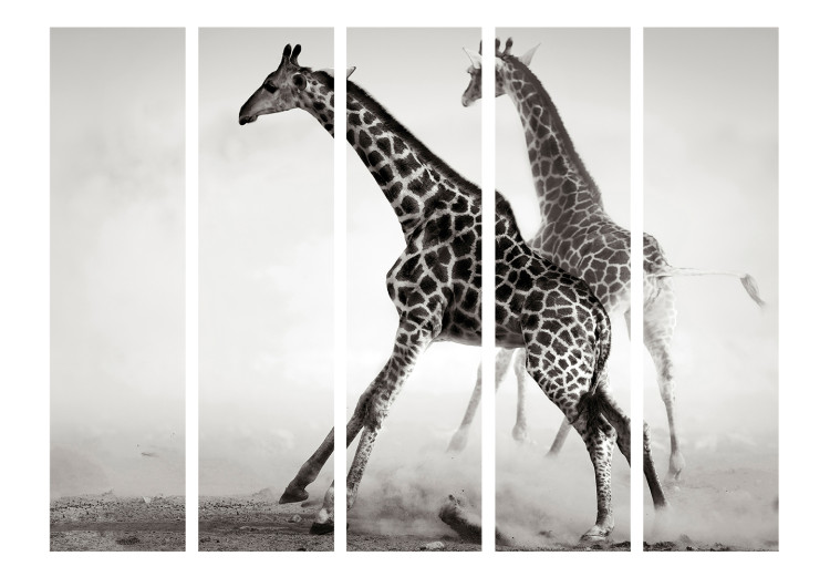 Folding Screen Giraffes II (5-piece) - black and white frame with animals in the mist 132563 additionalImage 3