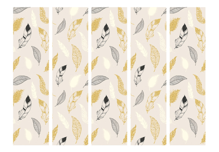 Folding Screen Golden Feathers II (5-piece) - composition in bird pattern and light background 133163 additionalImage 3