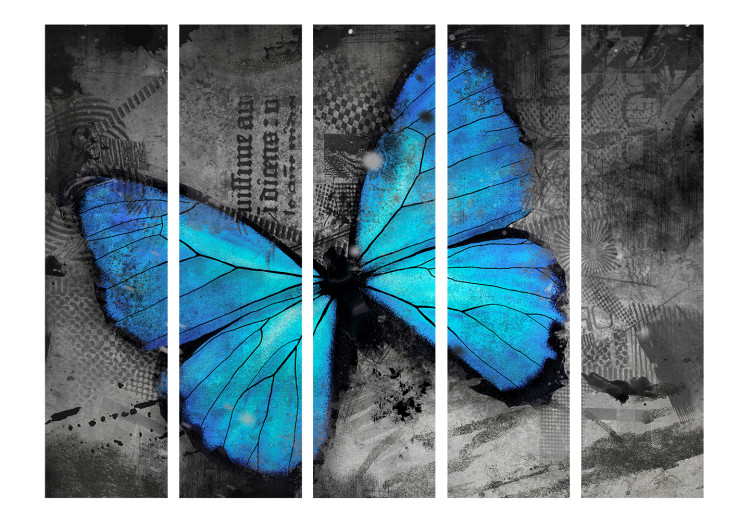 Folding Screen Winged II (5-piece) - blue butterfly on a gray abstraction background 133363 additionalImage 3