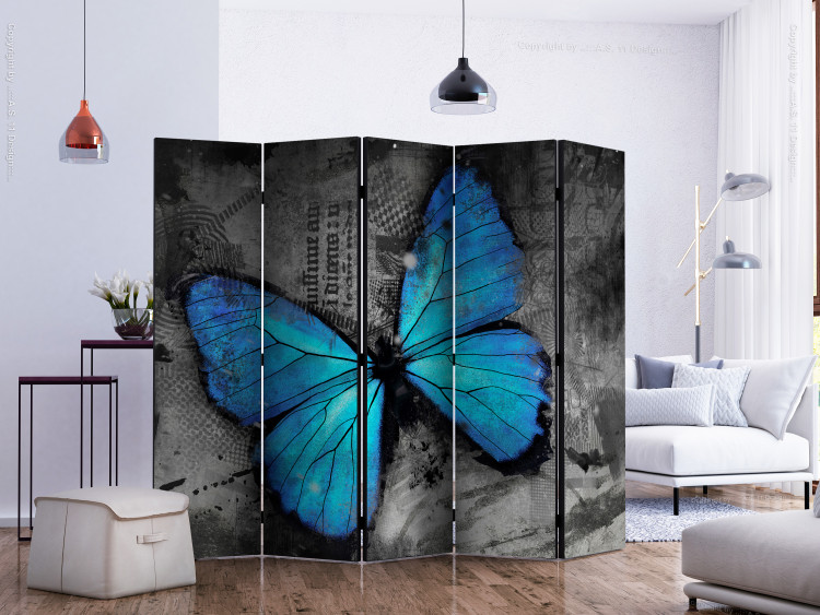 Folding Screen Winged II (5-piece) - blue butterfly on a gray abstraction background 133363 additionalImage 2