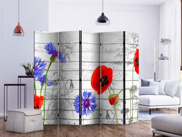 Room Separator Field Flowers II (5-piece) - red poppies and writings on wood background 133563 additionalImage 2