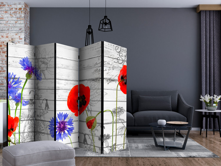 Room Separator Field Flowers II (5-piece) - red poppies and writings on wood background 133563 additionalImage 4