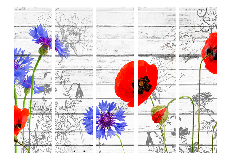 Room Separator Field Flowers II (5-piece) - red poppies and writings on wood background 133563 additionalImage 3