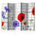 Room Separator Field Flowers II (5-piece) - red poppies and writings on wood background 133563
