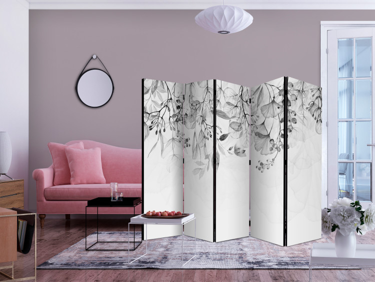 Room Divider Misty Nature - Gray II (5-piece) - Black and white pattern in plants 136163 additionalImage 2