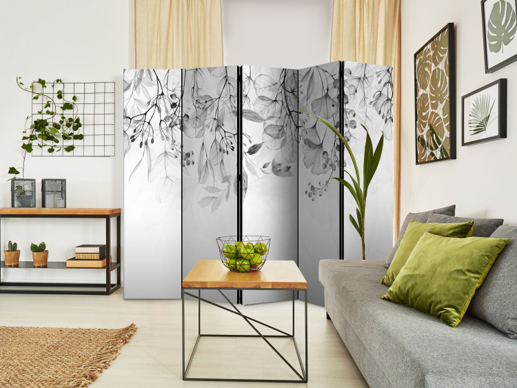 Room Divider Misty Nature - Gray II (5-piece) - Black and white pattern in plants 136163 additionalImage 4