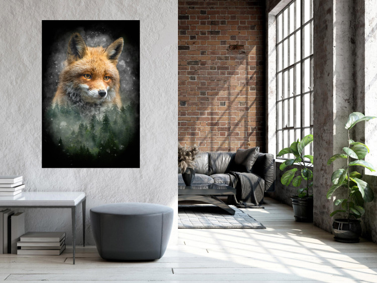 Wall Poster Forest Life - fanciful landscape of a fox and green forest on a black background 138063 additionalImage 10