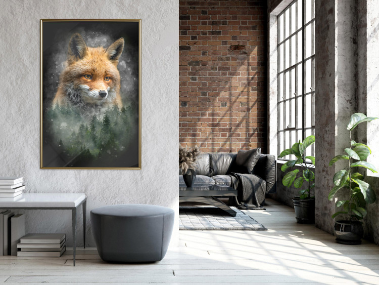 Wall Poster Forest Life - fanciful landscape of a fox and green forest on a black background 138063 additionalImage 17