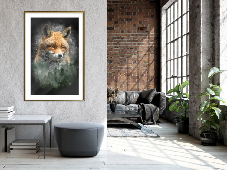 Wall Poster Forest Life - fanciful landscape of a fox and green forest on a black background 138063 additionalImage 12