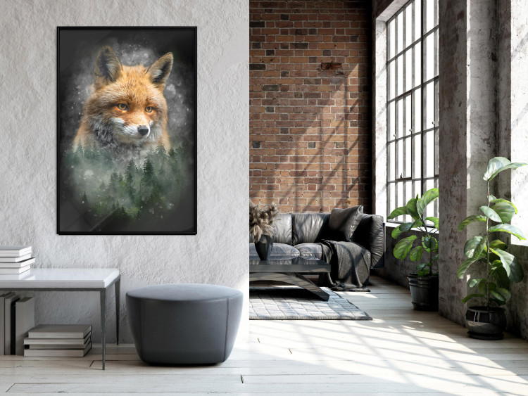 Wall Poster Forest Life - fanciful landscape of a fox and green forest on a black background 138063 additionalImage 19