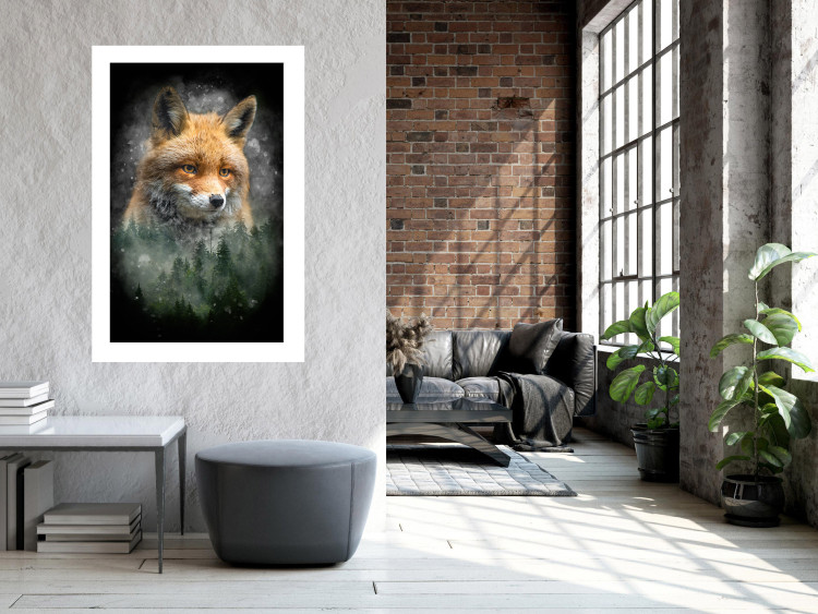 Wall Poster Forest Life - fanciful landscape of a fox and green forest on a black background 138063 additionalImage 18
