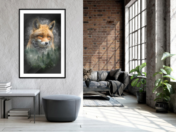 Wall Poster Forest Life - fanciful landscape of a fox and green forest on a black background 138063 additionalImage 13
