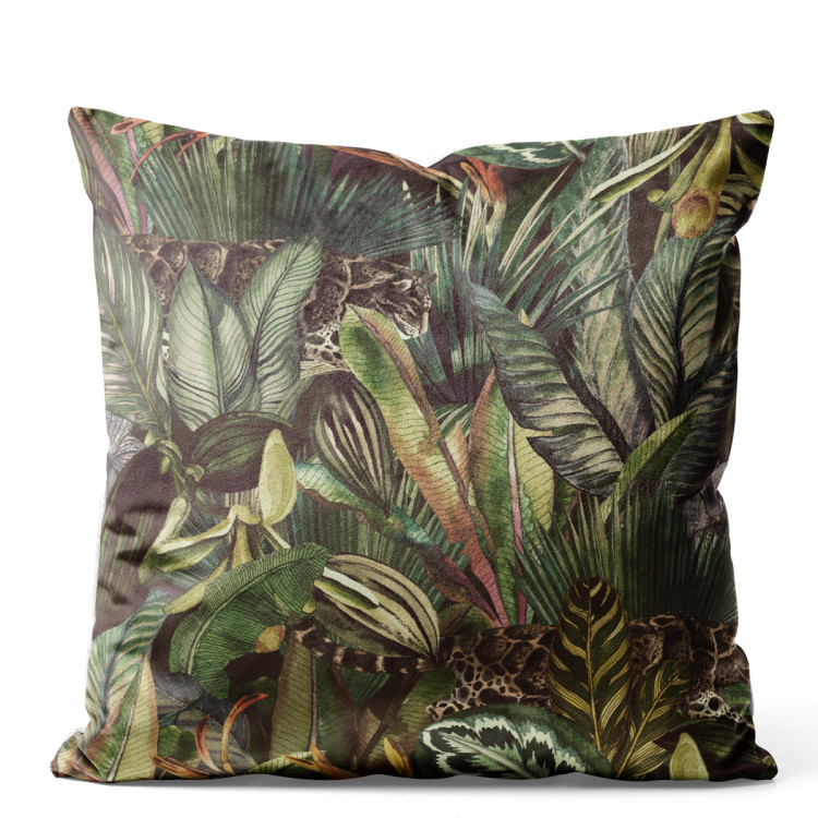 Decorative Velor Pillow Tigers among leaves - a composition inspired by the tropical jungle 147163
