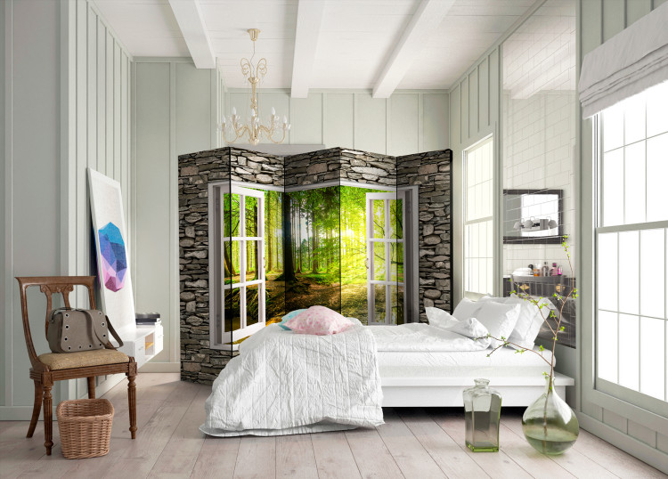 Room Divider Screen Morning Forest II - window on a stone texture overlooking the nature 95963 additionalImage 4