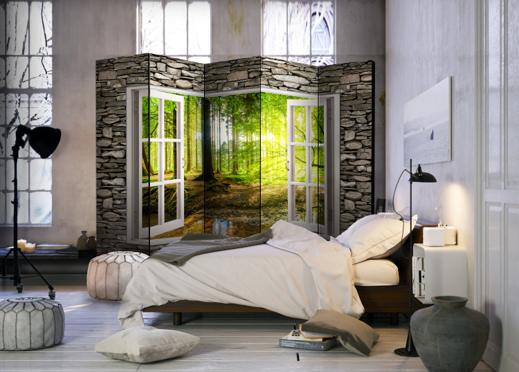 Room Divider Screen Morning Forest II - window on a stone texture overlooking the nature 95963 additionalImage 2