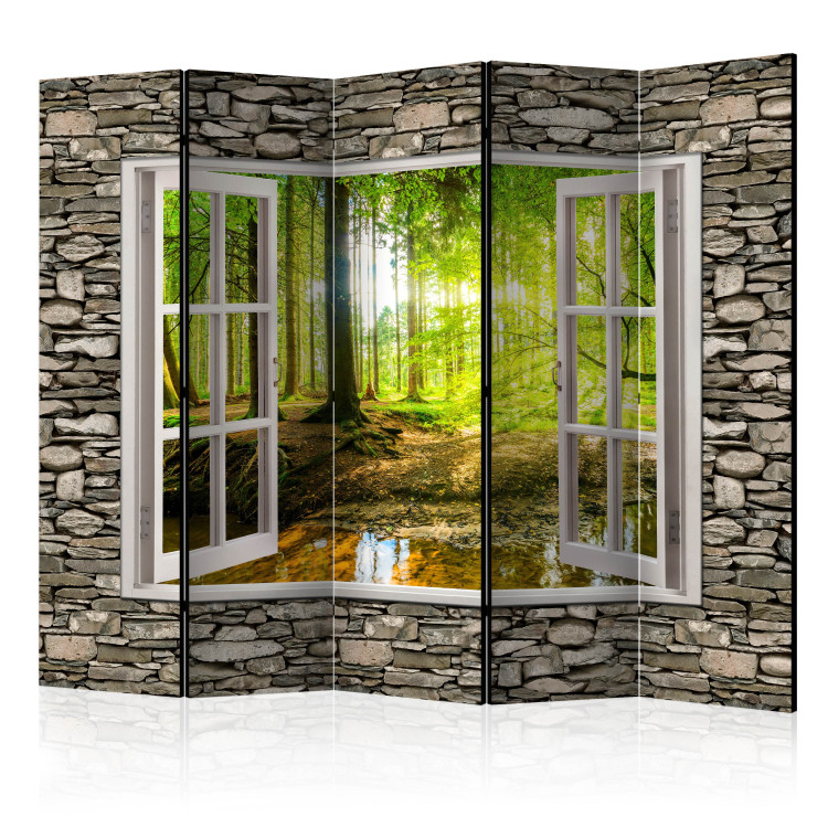 Room Divider Screen Morning Forest II - window on a stone texture overlooking the nature 95963
