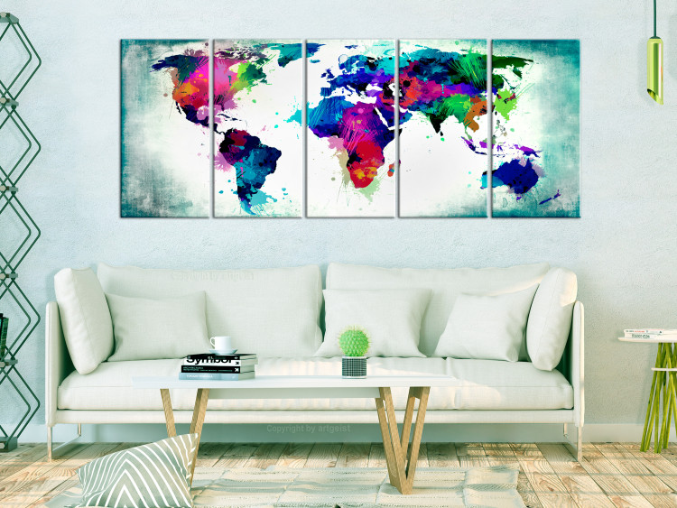 Canvas Colorful Chaos (5-piece) - World Map Painted with Watercolor 105173 additionalImage 3