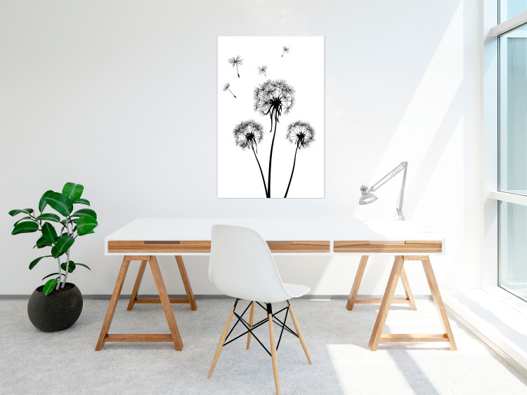 Wall Poster Flying dandelions - black and white composition with three flowers in the wind 115073 additionalImage 23