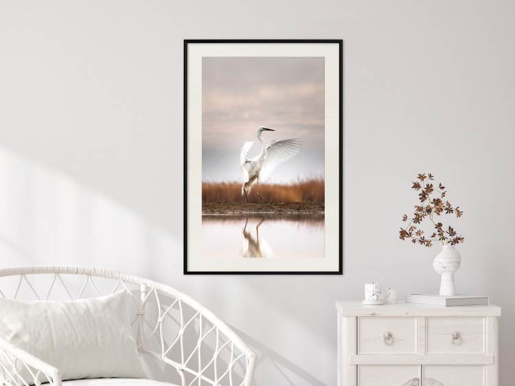 Poster Autumn Over the Lake - landscape of a white bird against a golden field 130373 additionalImage 23