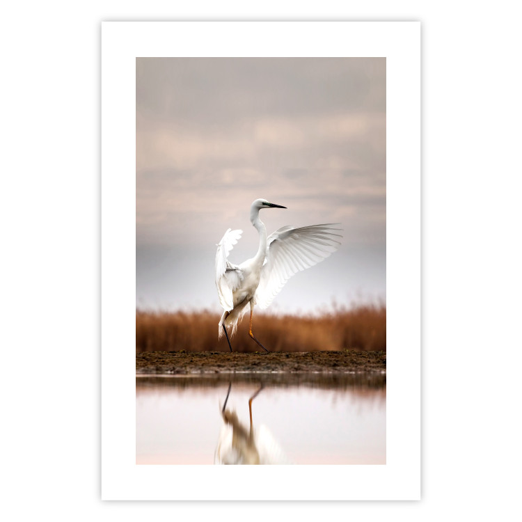 Poster Autumn Over the Lake - landscape of a white bird against a golden field 130373 additionalImage 18