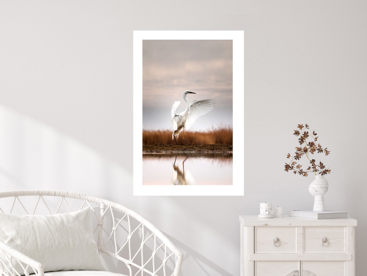 Poster Autumn Over the Lake - landscape of a white bird against a golden field 130373 additionalImage 3