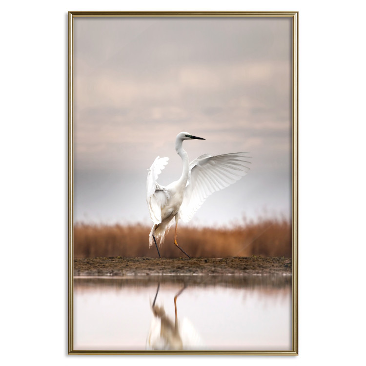 Poster Autumn Over the Lake - landscape of a white bird against a golden field 130373 additionalImage 16
