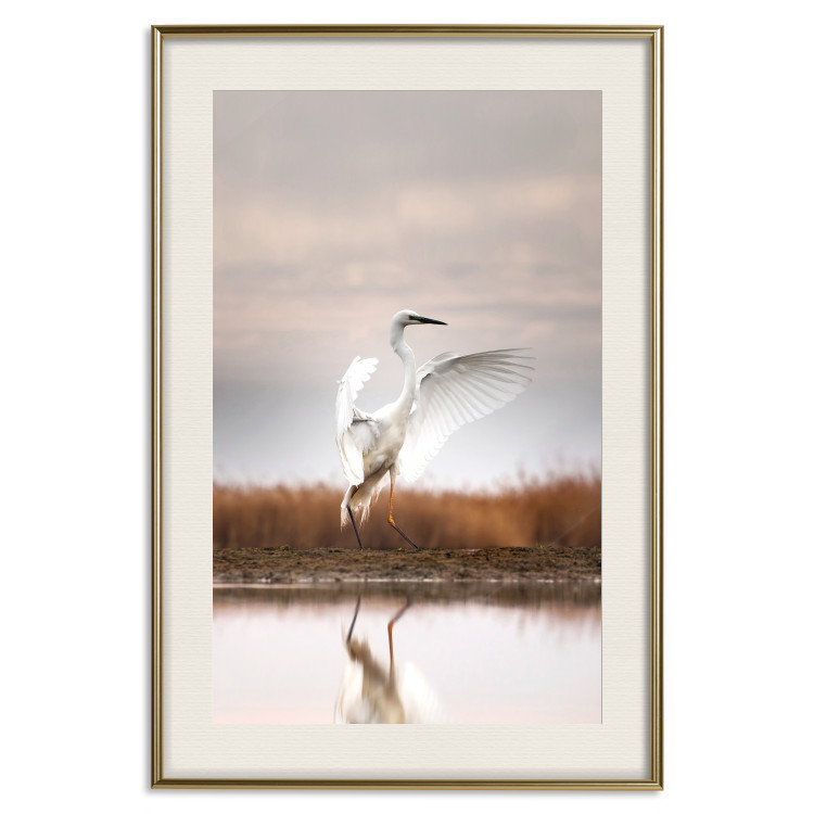 Poster Autumn Over the Lake - landscape of a white bird against a golden field 130373 additionalImage 24