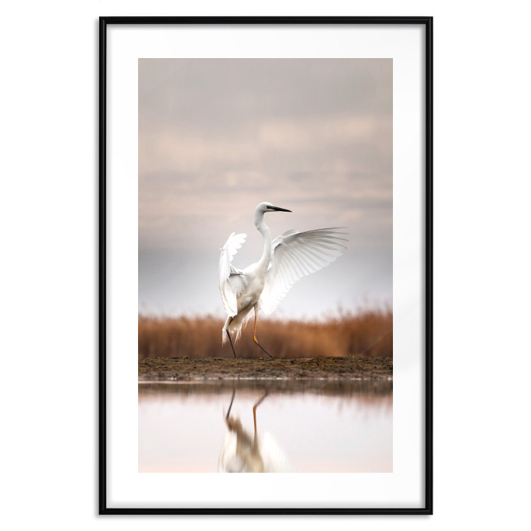 Poster Autumn Over the Lake - landscape of a white bird against a golden field 130373 additionalImage 20