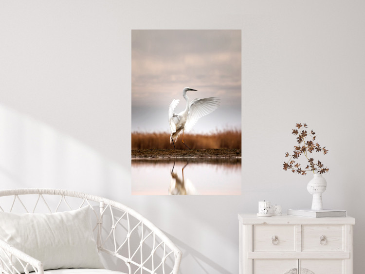 Poster Autumn Over the Lake - landscape of a white bird against a golden field 130373 additionalImage 4