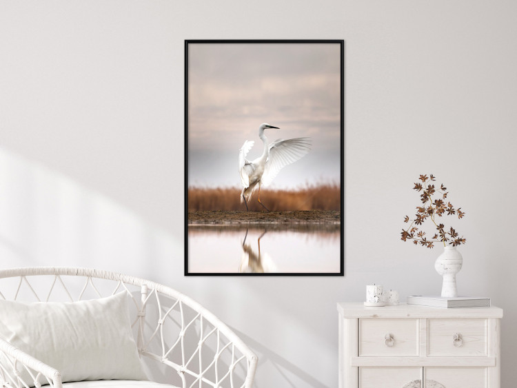 Poster Autumn Over the Lake - landscape of a white bird against a golden field 130373 additionalImage 4