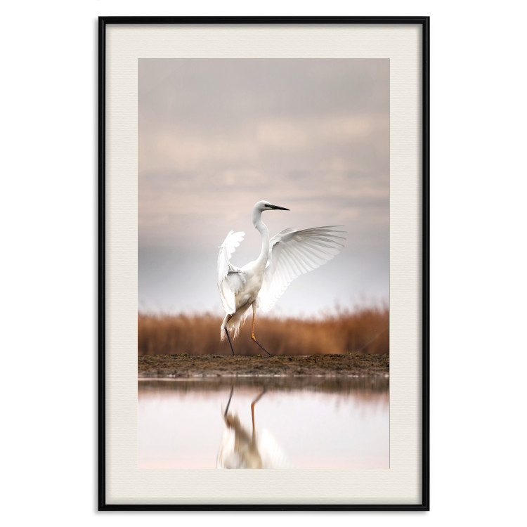 Poster Autumn Over the Lake - landscape of a white bird against a golden field 130373 additionalImage 25