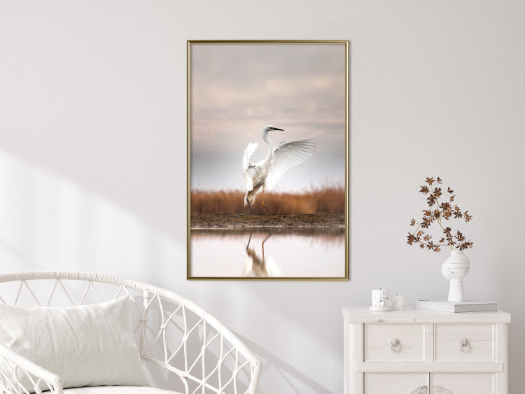 Poster Autumn Over the Lake - landscape of a white bird against a golden field 130373 additionalImage 5