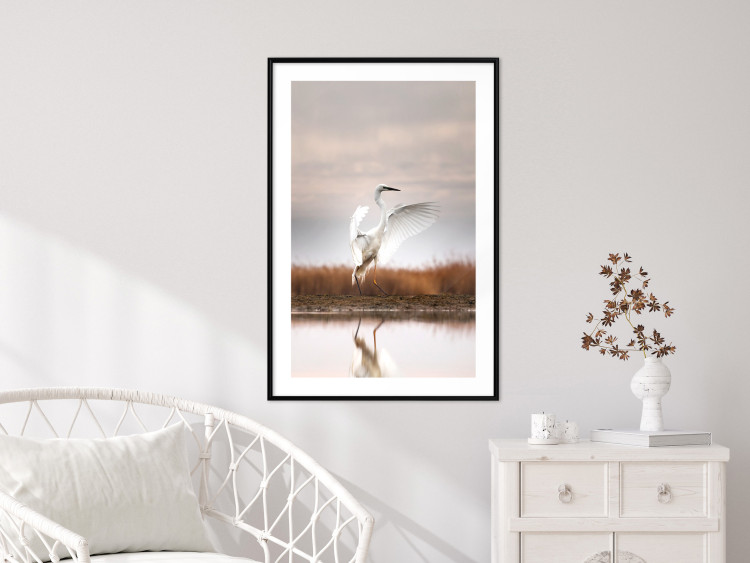 Poster Autumn Over the Lake - landscape of a white bird against a golden field 130373 additionalImage 21